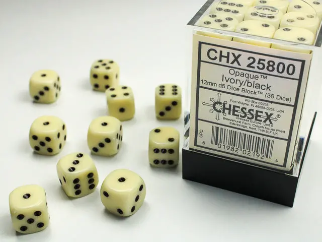 Opaque Ivory/Black 12Mm D6 Dice Block (36 Dice) 1
