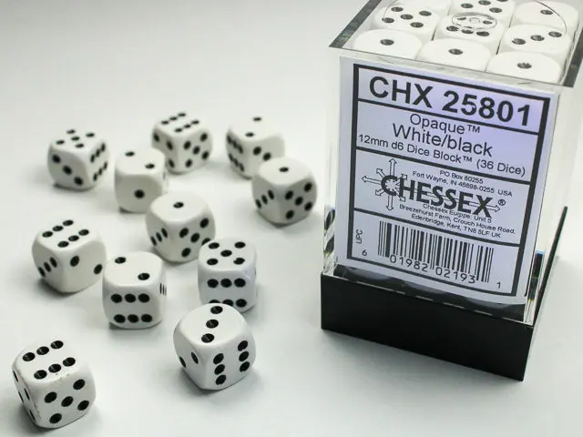Opaque White/Black 12Mm D6 Dice Block (36 Dice) 1