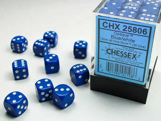 Opaque Blue/White 12Mm D6 Dice Block (36 Dice) 1